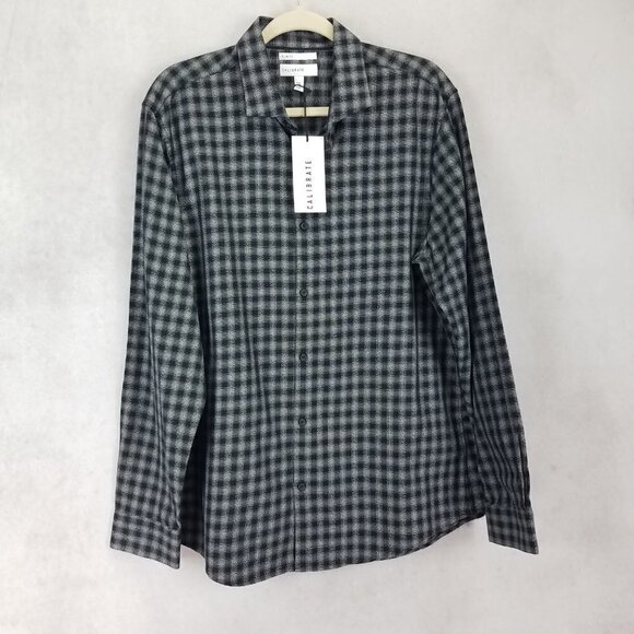NEW Calibrate Men's L Slim Fit Button Down Long Sleeve Shirt Black Jaspe Check - Picture 1 of 9